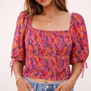 Free People Back On Top Smocked Puff Sleeve Crop Top Pink Combo L NWT